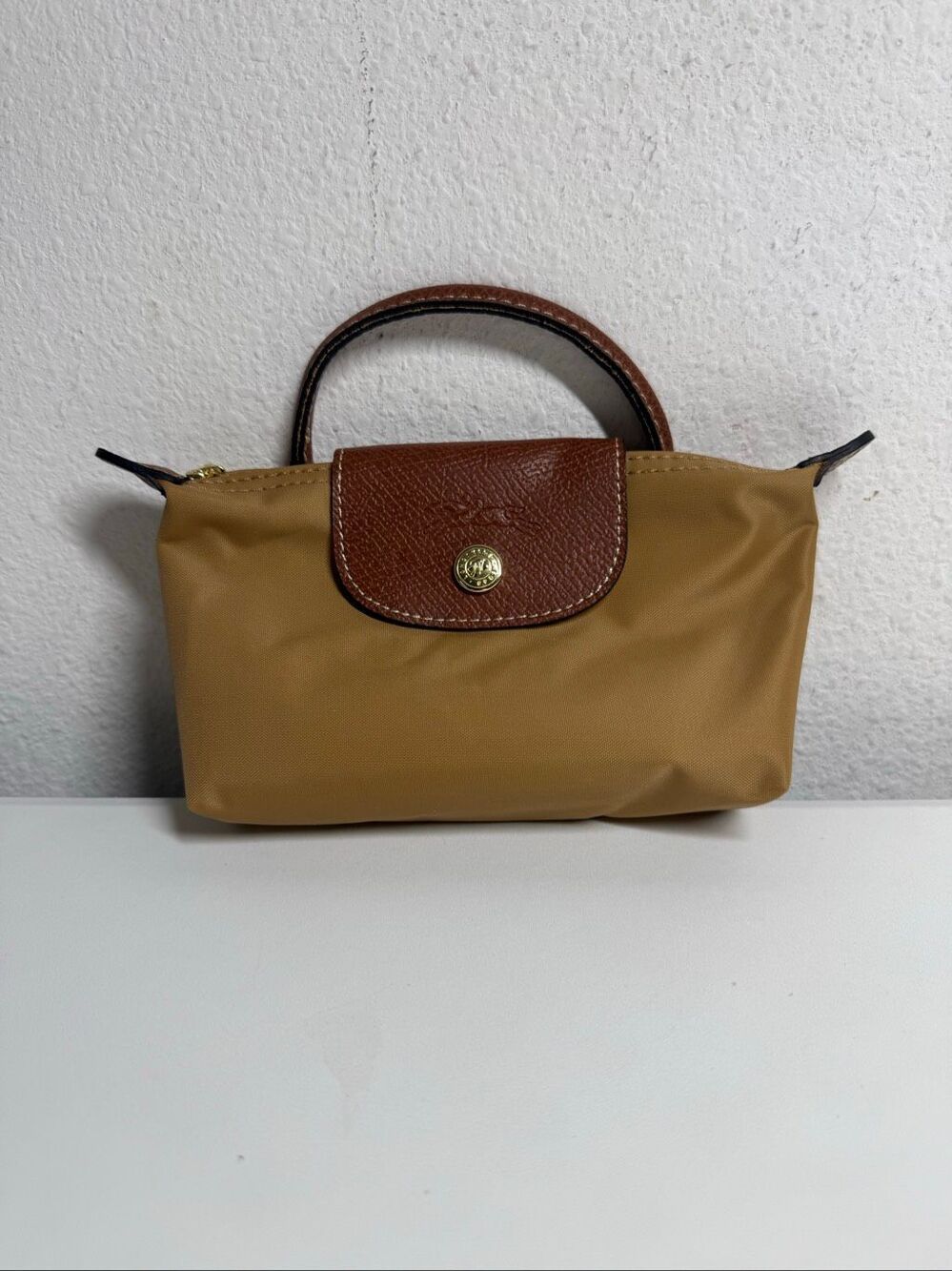 Longchamp Mini Le Pliage Sand Yellow Brown Top Handle Bag + Strap